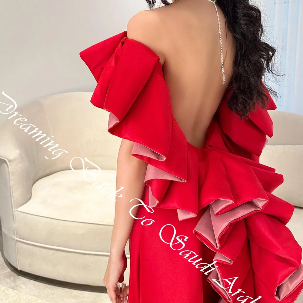 Temperament Ruffles Tiered Boat Neck  A-Line Evening Dress Custom Size Satin Off the Shoulder Backless  Irregular  فساتين سهرة