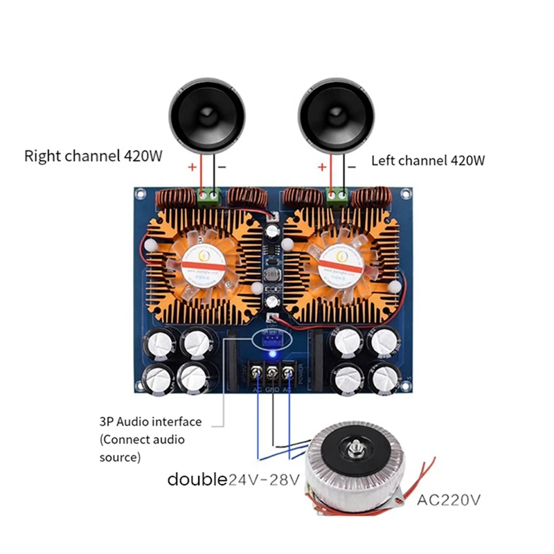 Dual Digital Audio Amplifier Board Module, alta potência, poder traseiro puro, XH-M258, TDA8954TH, 420W