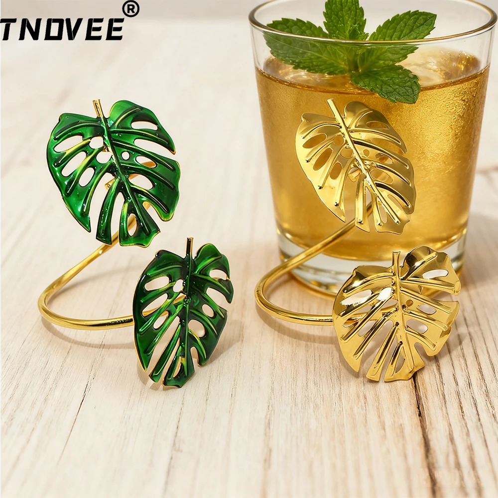 100Pcs Tropical Napkin Rings Palm Leaves Napkin Holder Gold Serviette Buckles for Wedding Tropical Beach Party Table Decoration