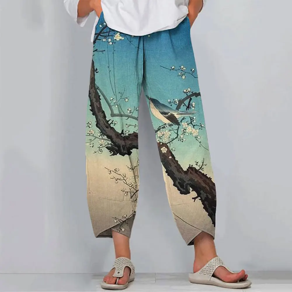 Women's Loose Casual Pants Vintage Japanese Nine-point Pants Fashion Magpie Print Pocket Pants Women's Home Comfort Pants