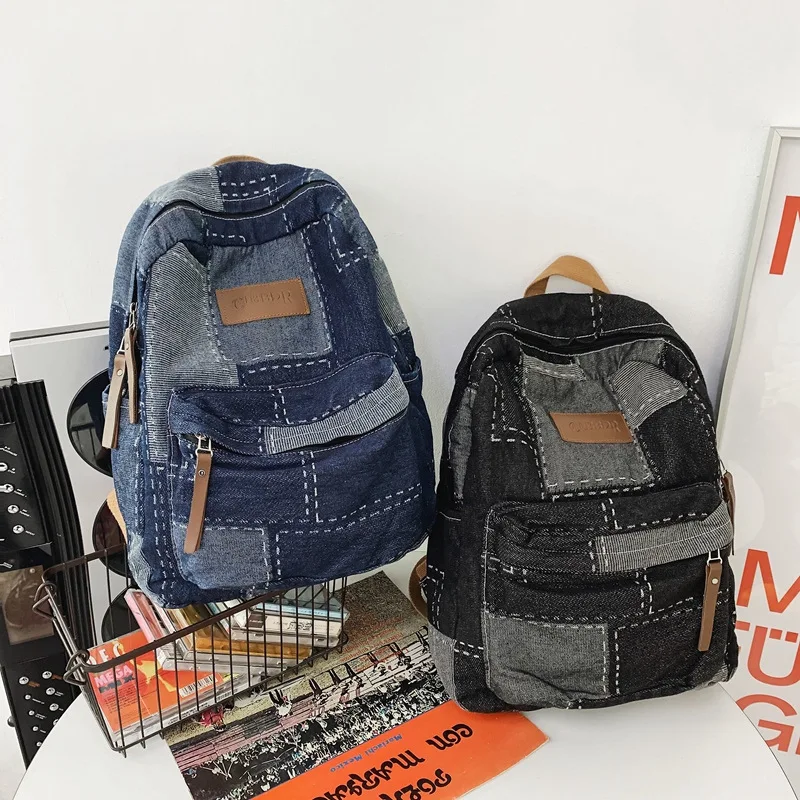 Leisure Commuting Korean Version Denim Washed Retro Patchwork Backpack for College Students Woman and Man