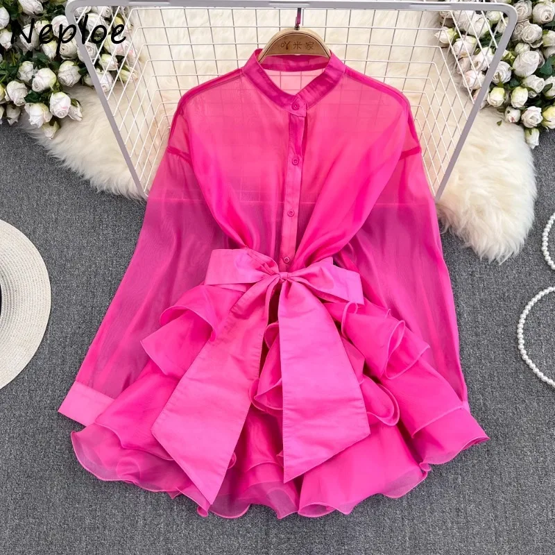 Neploe Vintage O-neck Single Breasted Blouses Y2k Slim Waist 3D Ruffles Shirts Women Spring New Long Sleeve Blusas Mujer