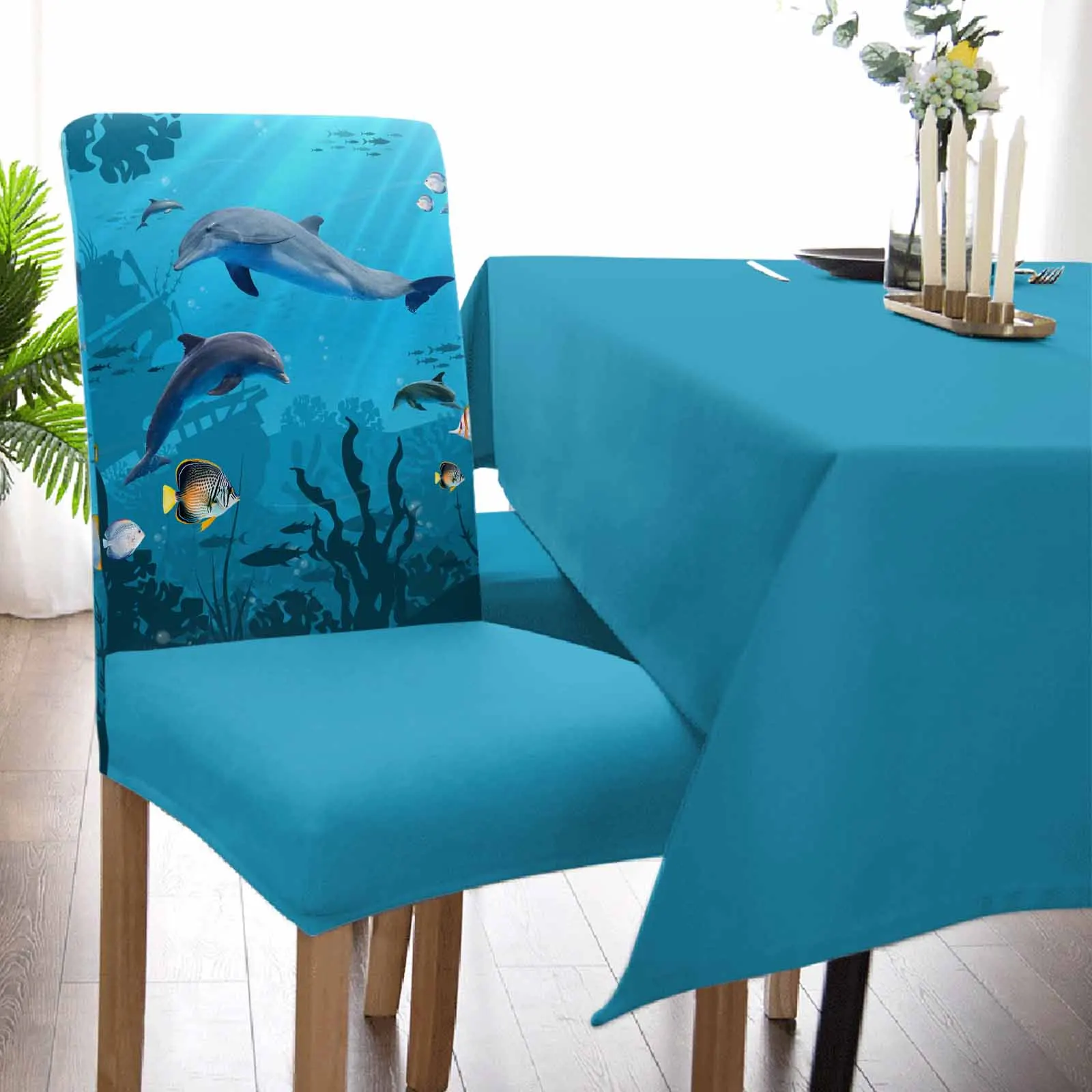 Imagem -05 - Cadeira Capa Conjunto para Home Sala de Jantar Cozinha Stretch Spandex Assento Slipcover Sea Life Dolphin Fish Verão