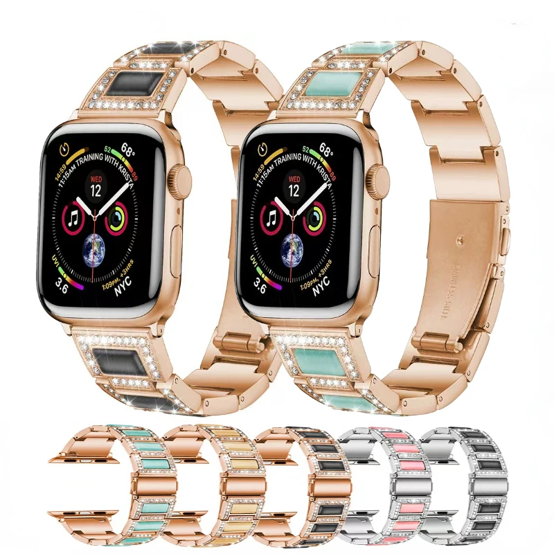 

Metal+Resin Strap For Apple Watch Band 45mm 41mm 44mm 42mm 40mm 38mm Women Diamond Bracelet For iWatch series 8 7 6 5 4 SE Belt