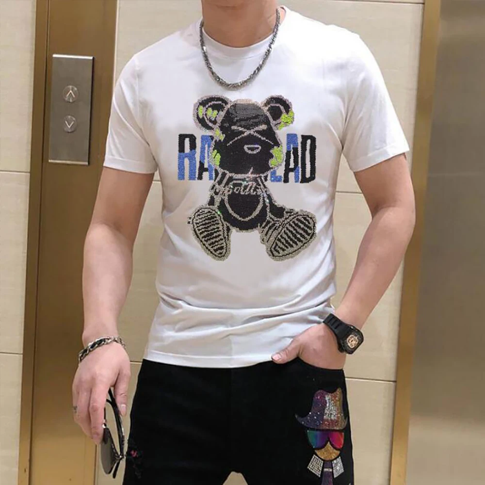 Trending Mens Daily Street Casual Tops Cotton Fabric Cartoon  Rhinestone Print Round Neck Lightweight Short Sleeve T Shirt For A