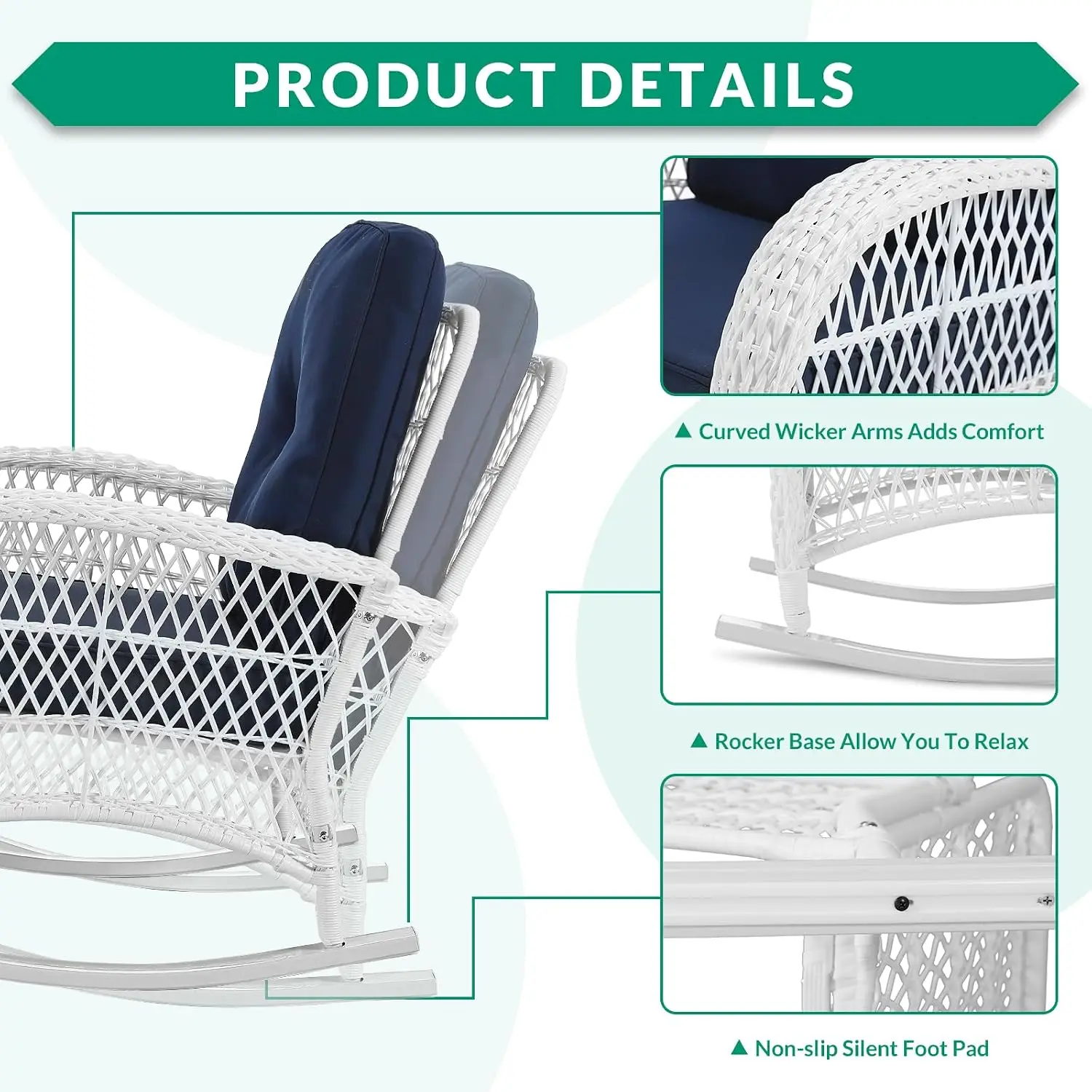 3-Piece Outdoor Wicker Rocking Bistro Set w/ 2 Chairs, Cushions, Glass Top Side Table for Garden Porch Backyard, Customized