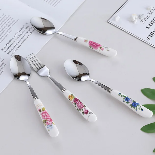 Floral ceramic handle fork rice spoon tableware stainless steel  soup  coffee ice spoon dessert household mixing spoon 5pcs
