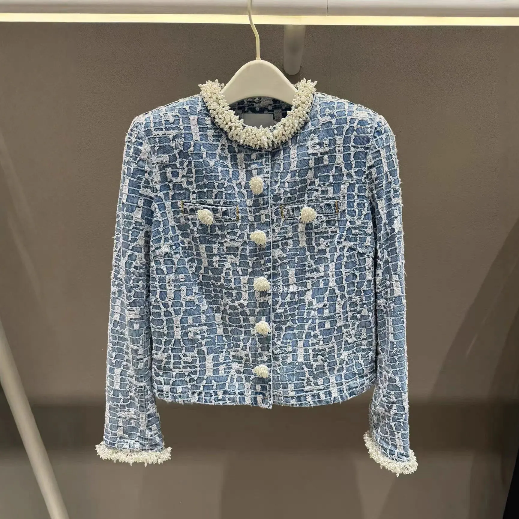 Women Denim Tweed Cropped Jacket Pearl Beaded Trim Round Neck Long Sleeve fashion Elegant Lady Outerwear