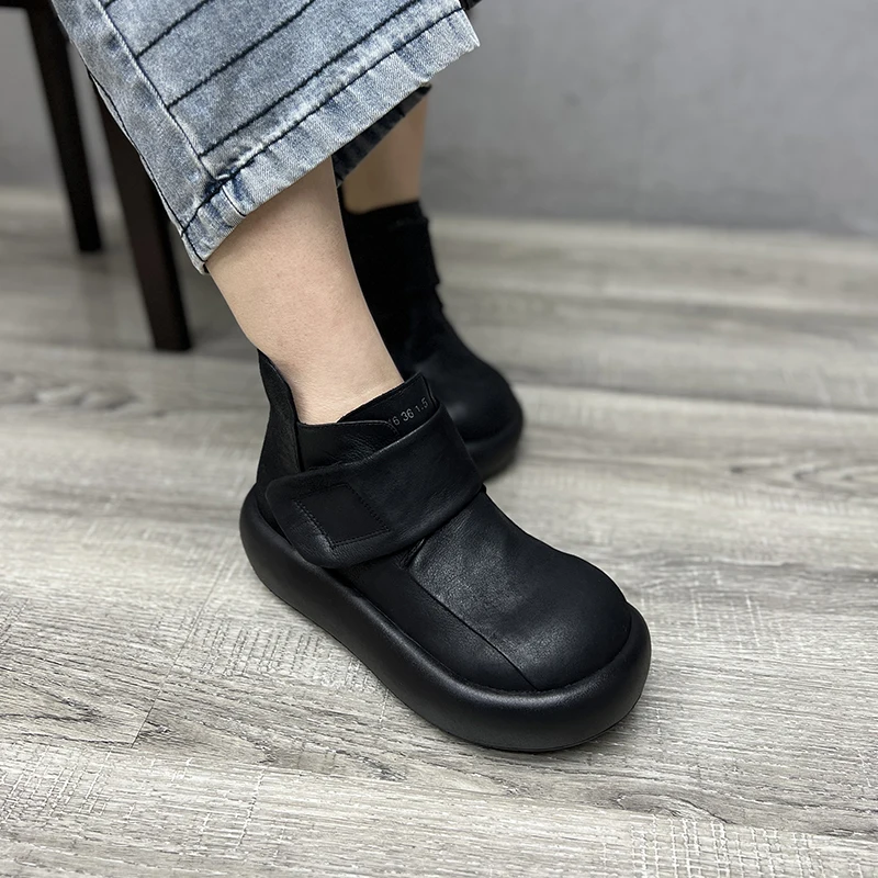 Birkuir Retro Winter Plush Snow Boots Women Hook Loop Big Head Thick Heel Short Boots Genuine Leather Luxury Flat Platform Shoes