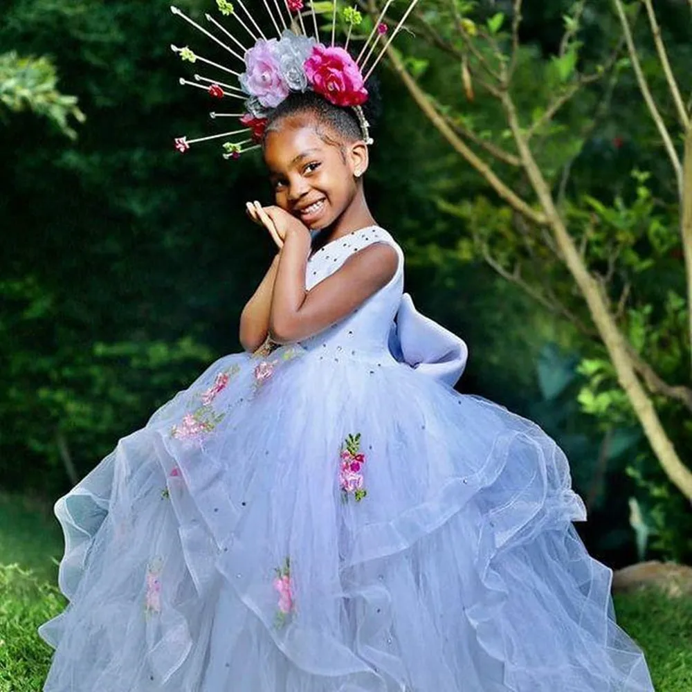 Vestido de encaje de flores para niña, lazos, primera comunión, Princesa, tul, fiesta de boda, 2 a 14 años, DHL, rápido