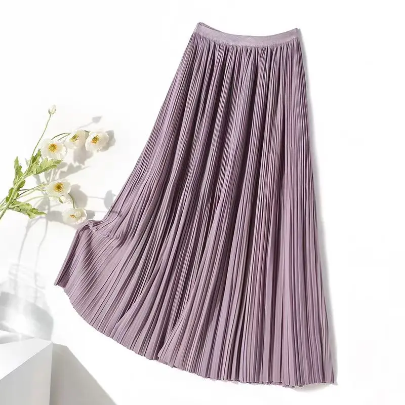 

Pleated Skirt Women Spring Autumn Midi Long Skirt Casual Elastic Waist A-Line Black White All Match Party Skirts Solid Color