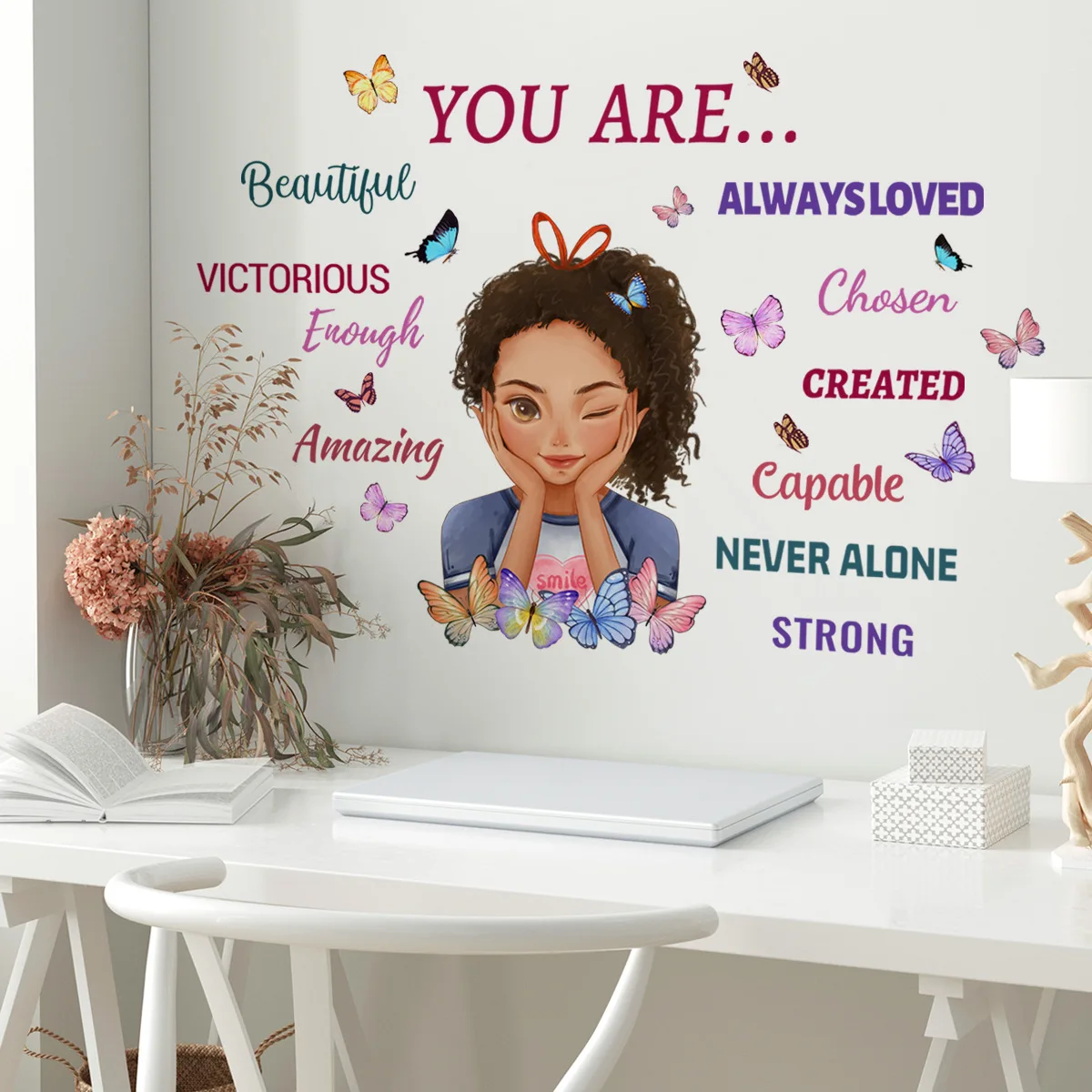 Cartoon Inspirational English Girl Wall Stickers, Self-adhesive Removable Vinyl Home Decor, Children's Room Creative Decoration