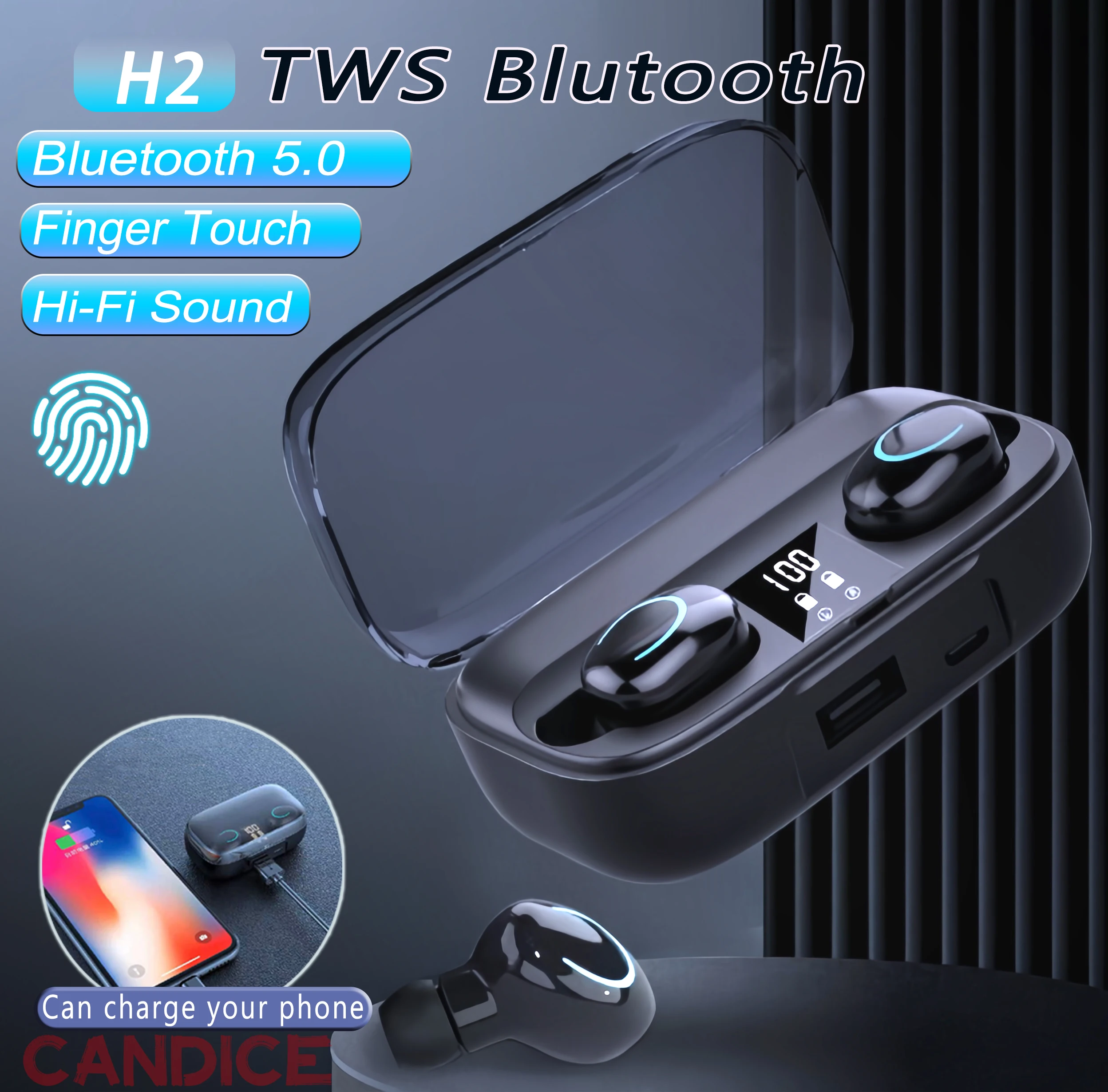 

H2 Bluetooth Earphones Build-in MIC ith Powerbank Wireless 5.2 Gaming Headset Hi-Fi Sound Headphones