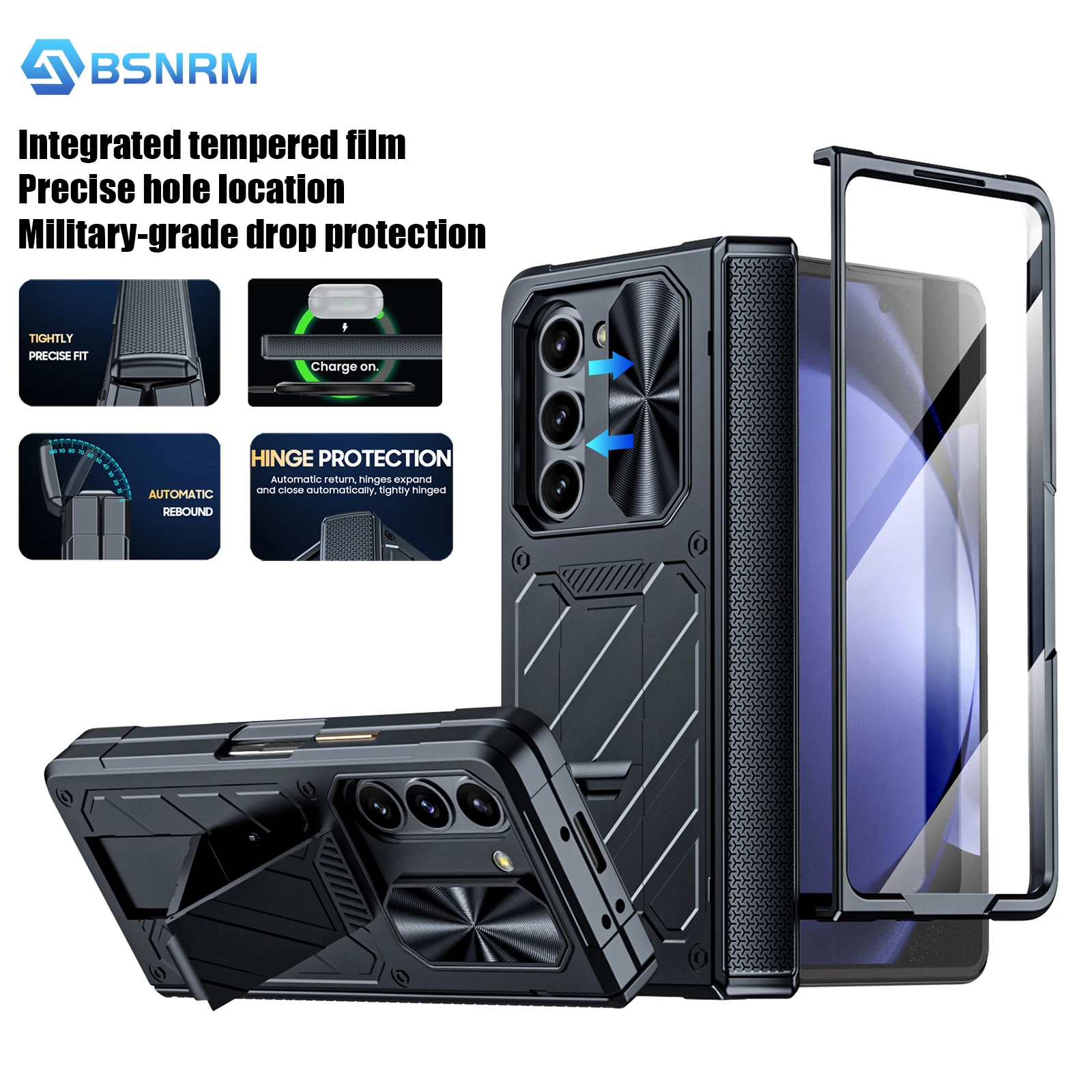 Military Grade Hinged Case with Stand, Full Coverage, HD Protective Film, Shockproof Case for Samsung Galaxy Z Fold 5, Deluxe