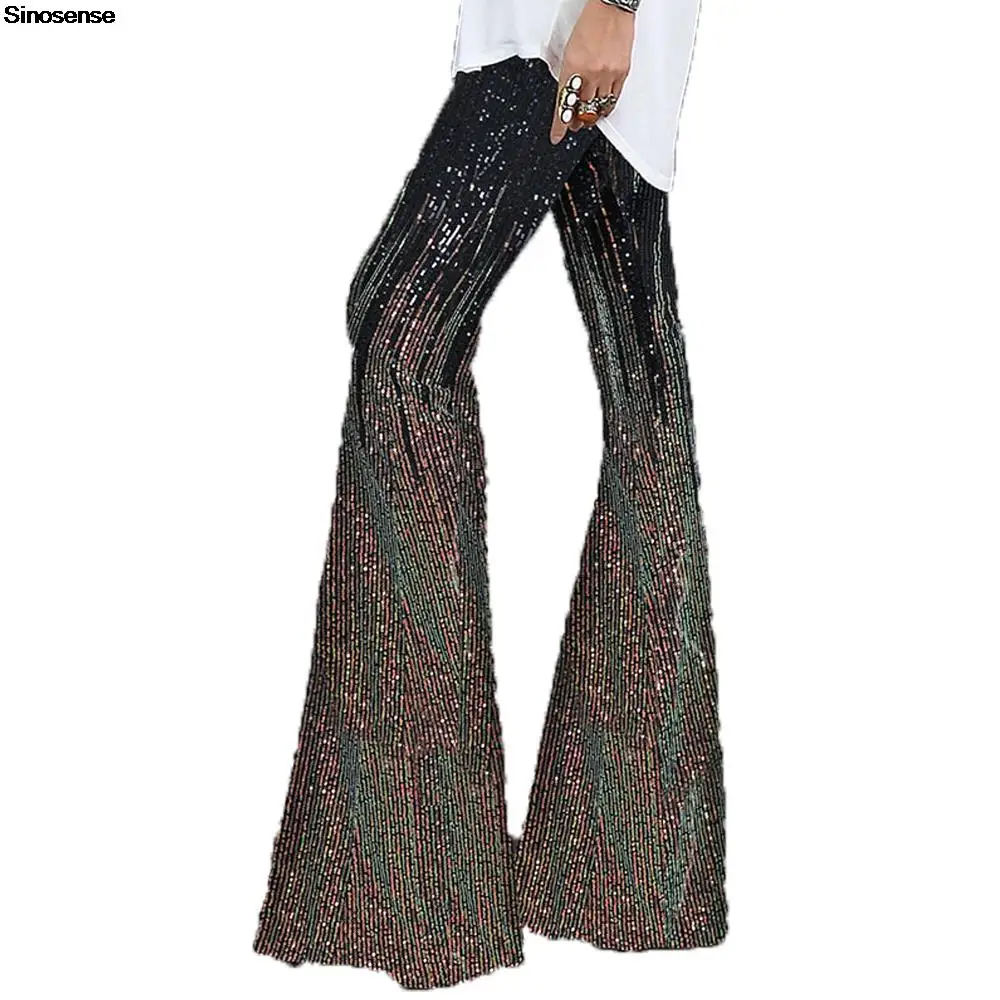 Womens Sequin Pants High Waisted Sparkle Bell Bottoms Trousers Glitter Wide Leg Flare Pants Party Night Clubwear Long Pants