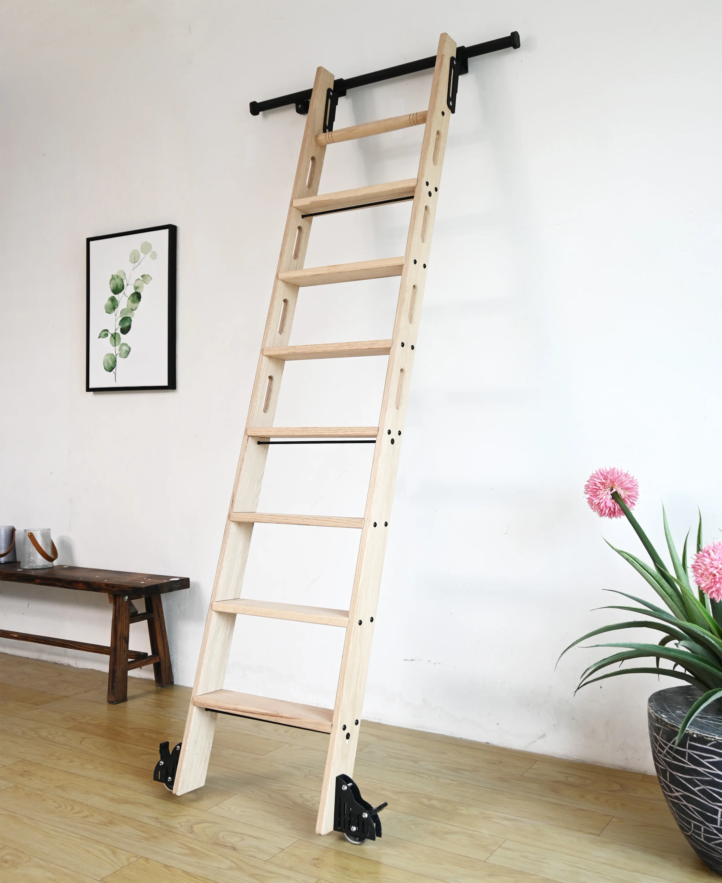 (4m) Hook on Sliding Library Ladder Hardware Kit,Telescoping Upper Hook,Bottom Brake Roller, Rustic Black Finish(No Ladder)