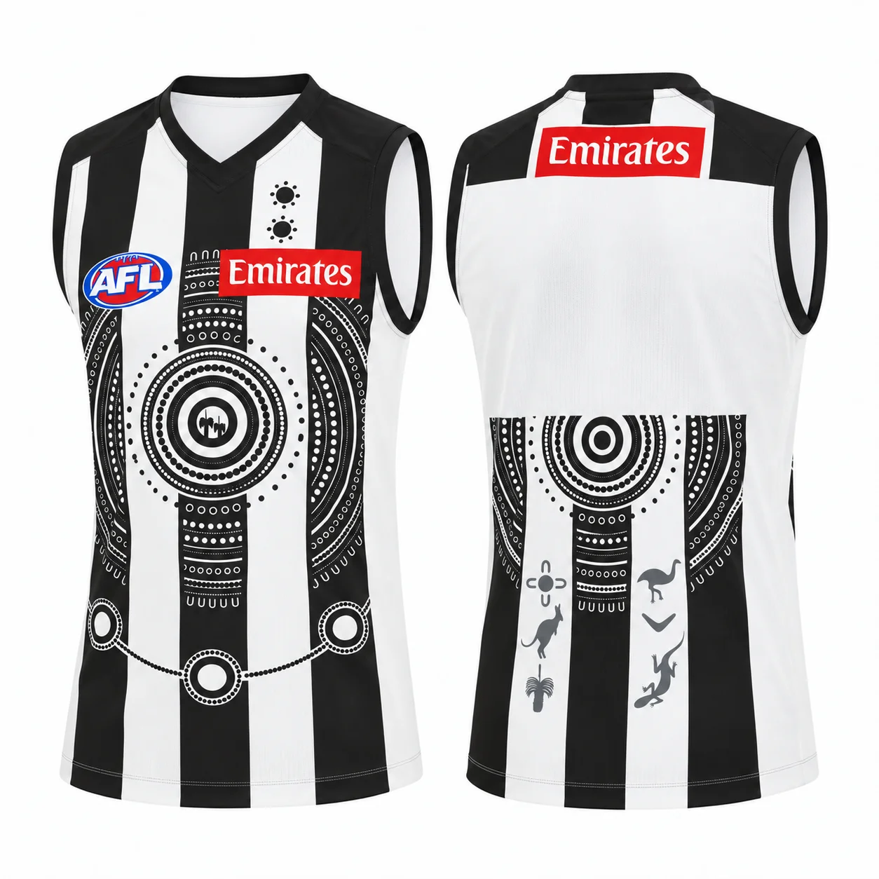 Collingwood Magpies, schwarzes und weißes Trikot für den australischen Fußball, Herrenmodell, ärmelloses Sportshirt mit V-Ausschnitt für das Training. – Detail 10