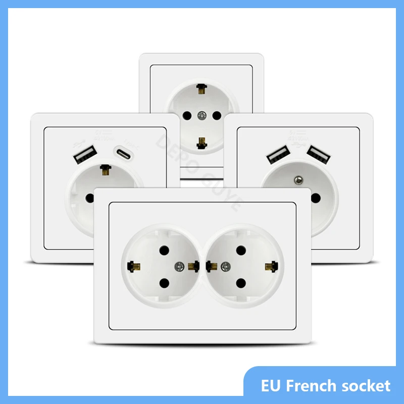 

EU French Standard Double USB Wall Power Socket Wall light switch Panel,220V Electrical Socket Plug with Type-c Usb Charing Port