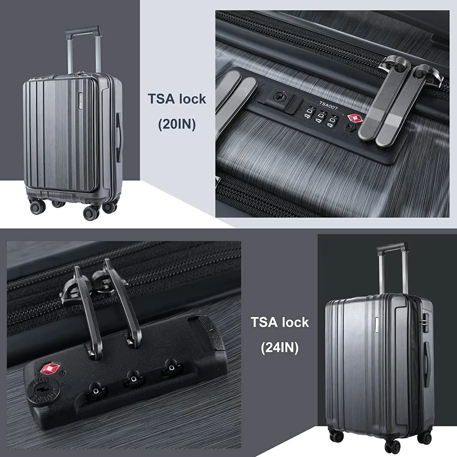 Ensemble de bagages avec poche avant pour ordinateur portable, extensible, ABS et PC, valise rigide légère, roues tournantes, serrure TSA, gris, 21/28, 2 pièces