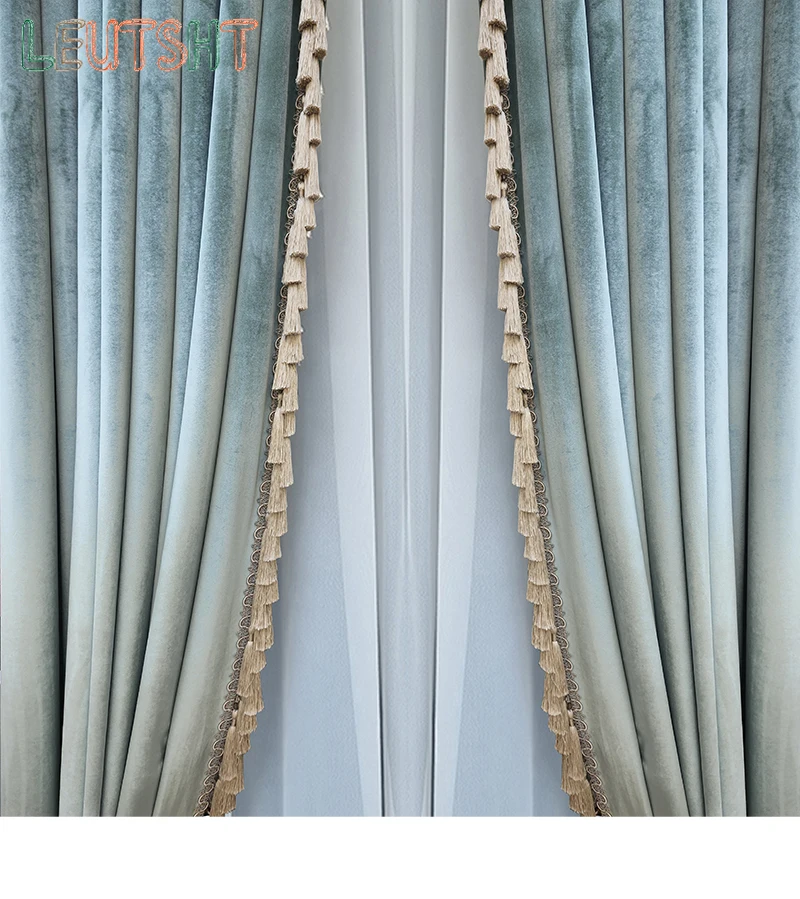 French Light Luxury European Velvet Light Blue Light Green New Living Room Floor-to-ceiling Bedroom Curtain Customization
