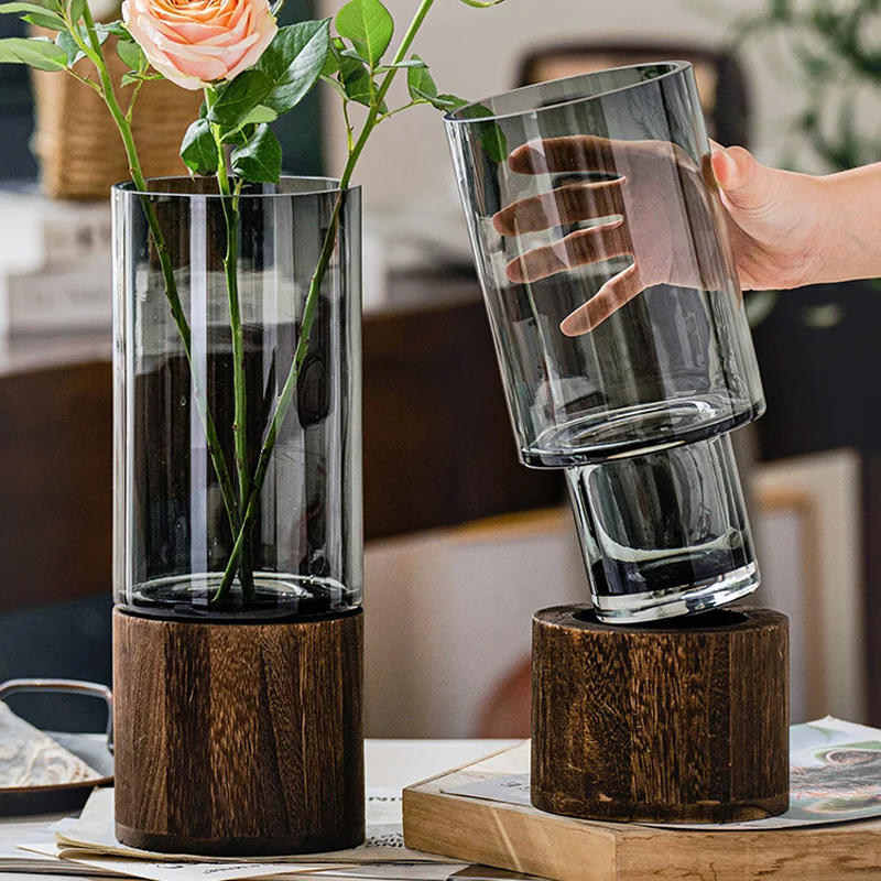 Transparent Glass Vase for Home Decor, Simple Nordic Hydroponic Plant, Household Living Room, Table Inserted Flower, Wooden Base