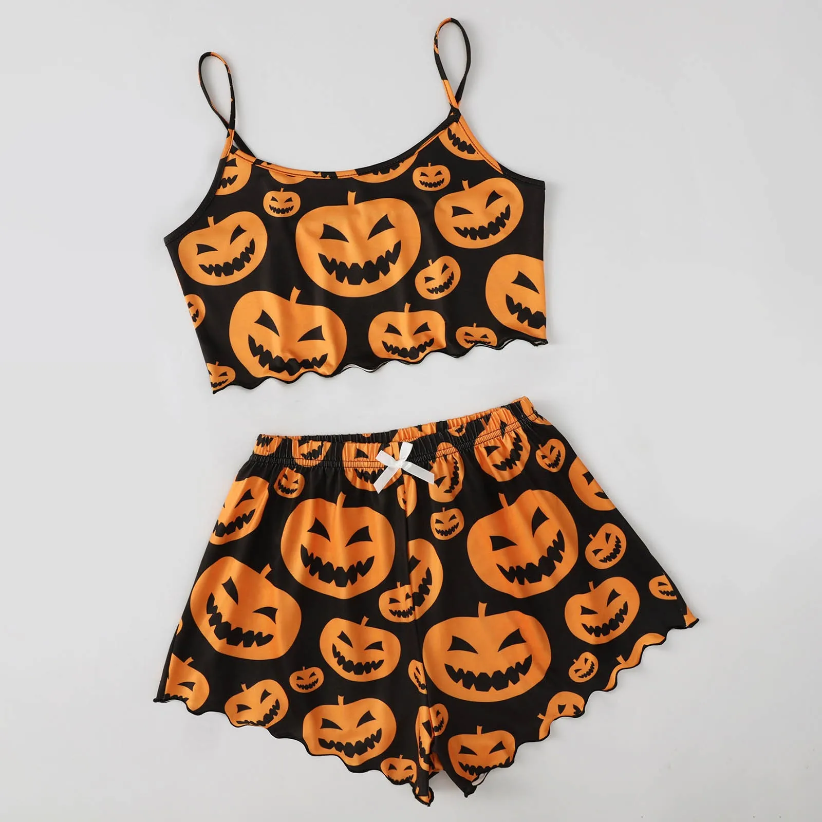 Women's Pajama Set Halloween Pumpkin Skeleton Print Cami Top & Lettuce Trim Shorts Sleepwear & Loungewear Women's Pajamas Set