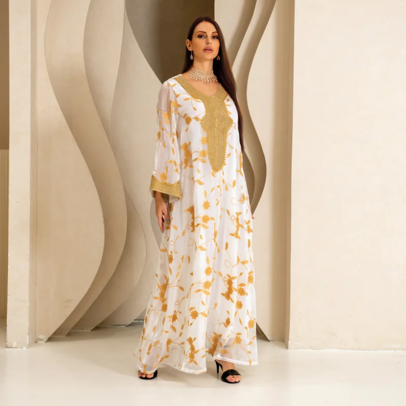 

2023 Musulman Abayat Dress Gauze Skirt Embroidered Gold Lace Gown Loose Gorgeous Evening Dress for Middle East Dubai