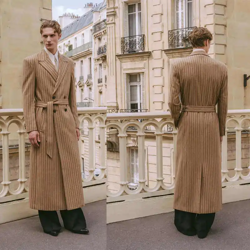 

Classic Striped Men Overcoat Notched Lapel Long Sleeve Double Breasted Outdoor Occasions Warmth Commute Customized