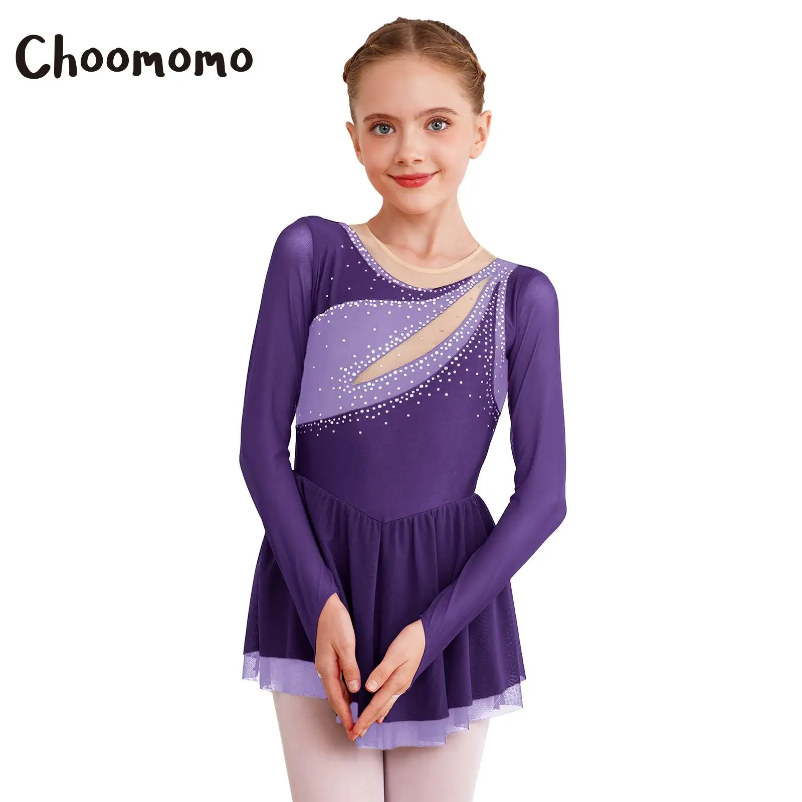 

Kids Girls Shiny Rhinestone Figure Ice Skating Dress Long Sleeves Ballet Gymnastics Leotard Lyrical Dance Costume Dancewear