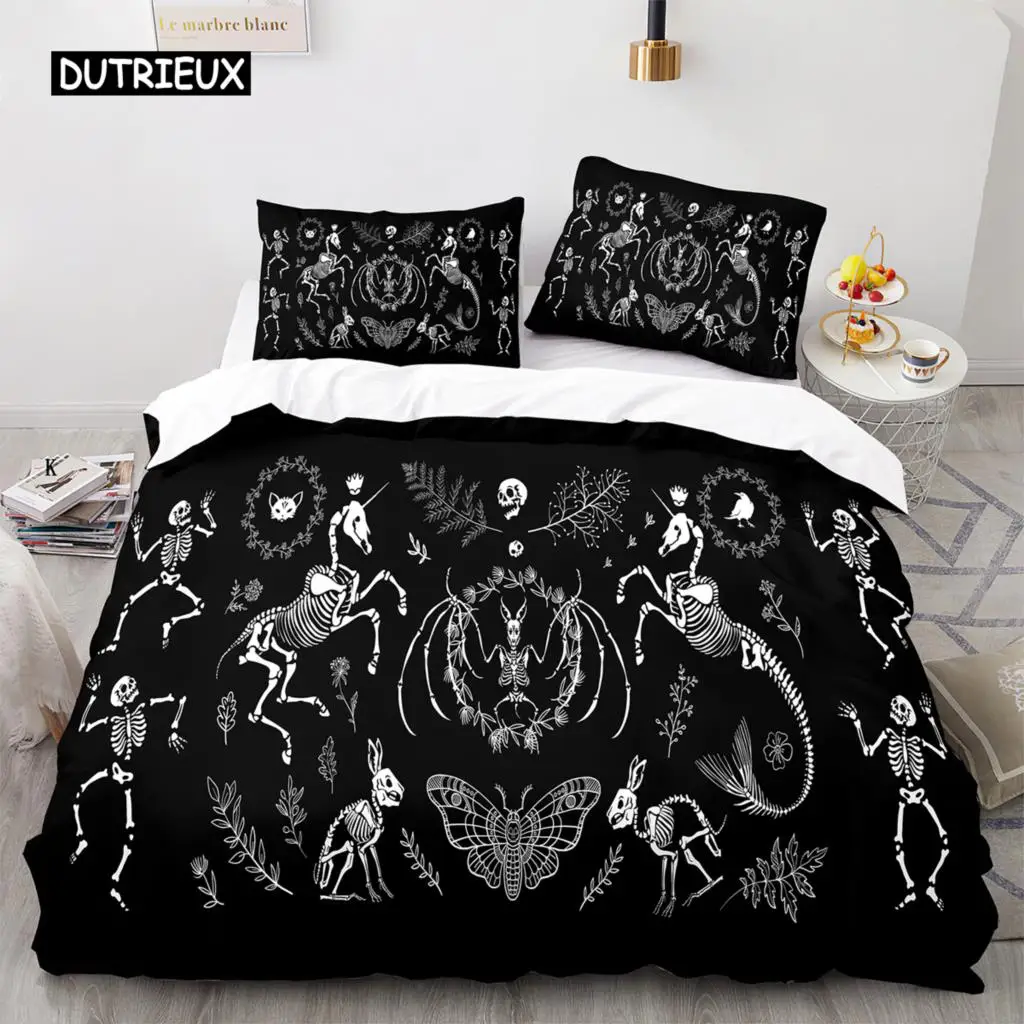 

Death Moth Duvet Cover Set Queen Size Gothic Skull Boho Comforter Cover Black and White Skeleton Decorative Soft Bedding Set