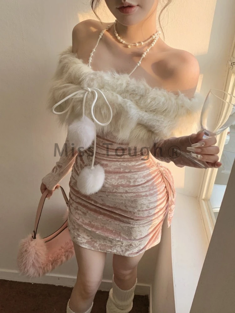 Winter French Sexy Slim Sweet Pink Dress New Fashion One Off Shoulder Velvet Dresses Spice Girl High Sense Elegant Clothing 2024