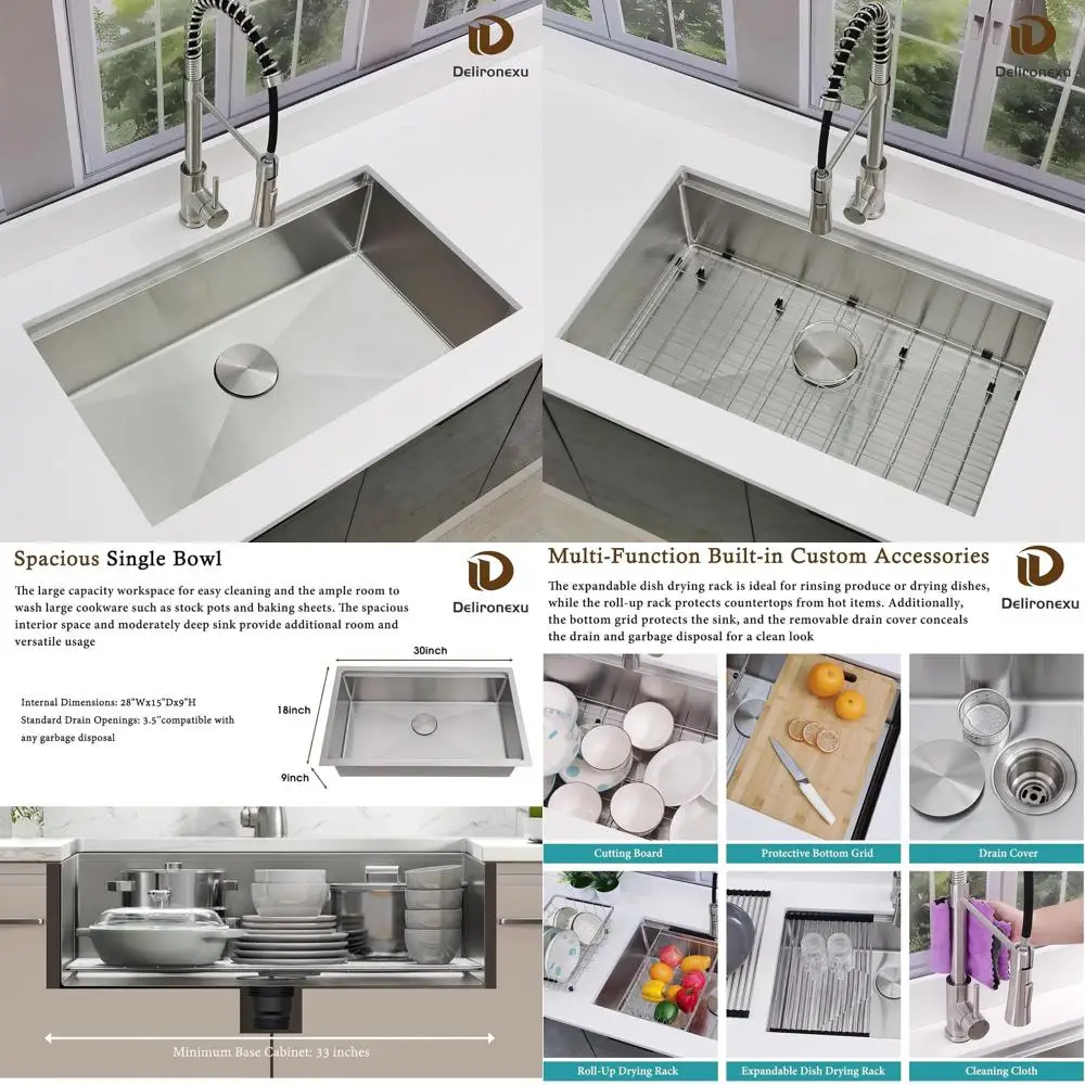 

30 Inch 16 Gauge Stainless Steel Single Bowl Undermount Kitchen Sink with 6 Accessories
