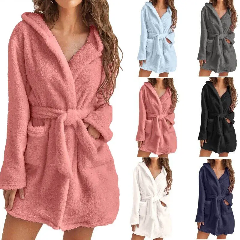 Winter Robe Ladies Dressing Gown Fluffy Bathrobe Hooded Bathrobe Pyjamas Women Bathrobe Winter Pyjamas Female Home Clothing