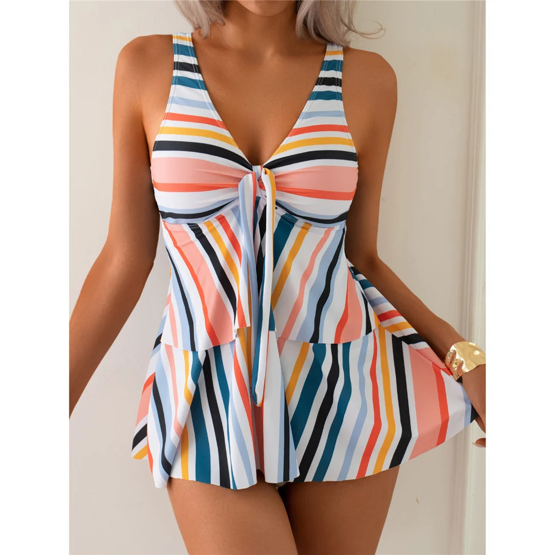 S - XL Regenbogenfarbener V-Ausschnitt-Bikini, Damen-Badeanzug, zweiteiliges Bikini-Set, gepolsterter Badeanzug, Badebekleidung, Modell V6902. – Detail 2