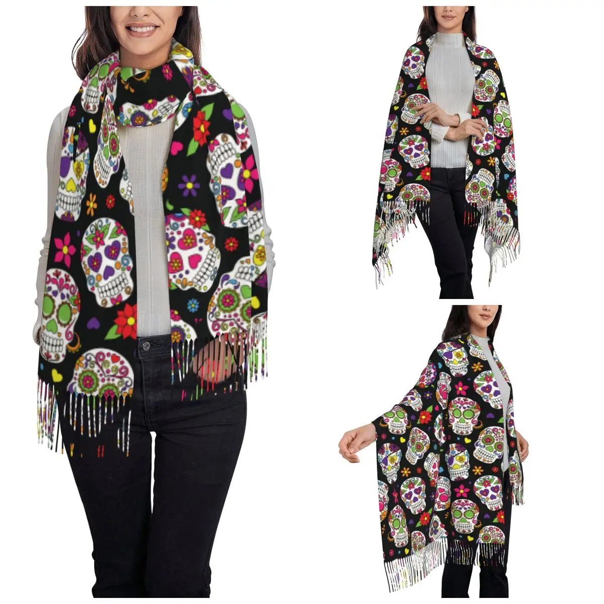 Mexican Day Of The Dead Sugar Skull Calavera Shawls Wraps Womens Long Scarf Mexico Dia De Los Muertos Pashmina Shawl Scarves