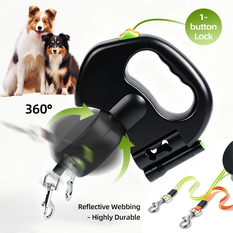 HUIBAOGE Pet Gardening Retractable Leash Outdoor Multifunctional Dual-Head One-to-Two Traction Device Dog Supplies
