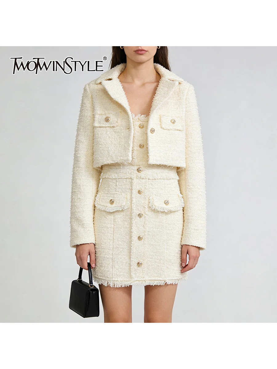 

TWOTWINSTYLE Spliced Buttons Two Piece Sets for Women Lapel Long Sleeves Short Coat Square Neck Sleeveless Mini Dress Set Female