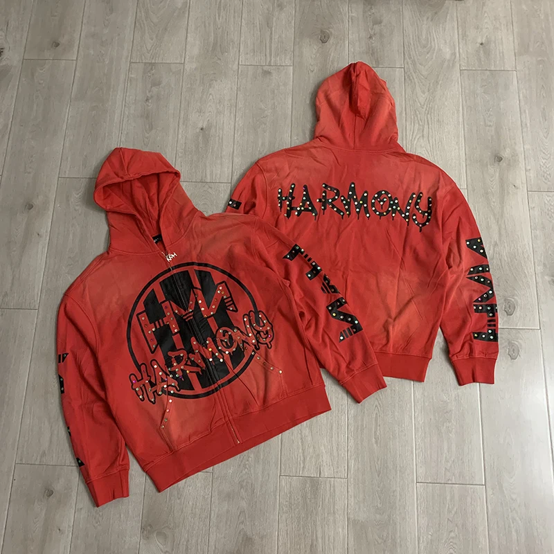 HARMONY Unisex Distressed Zip‑Up Hoodie Washed Finish Color Rhinestone Decoration Bold Letter Graphic Oversized Streetwear