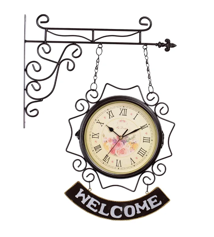 Mediterranean style welcome iron double-sided wall clock, silent home decoration, clock pendant