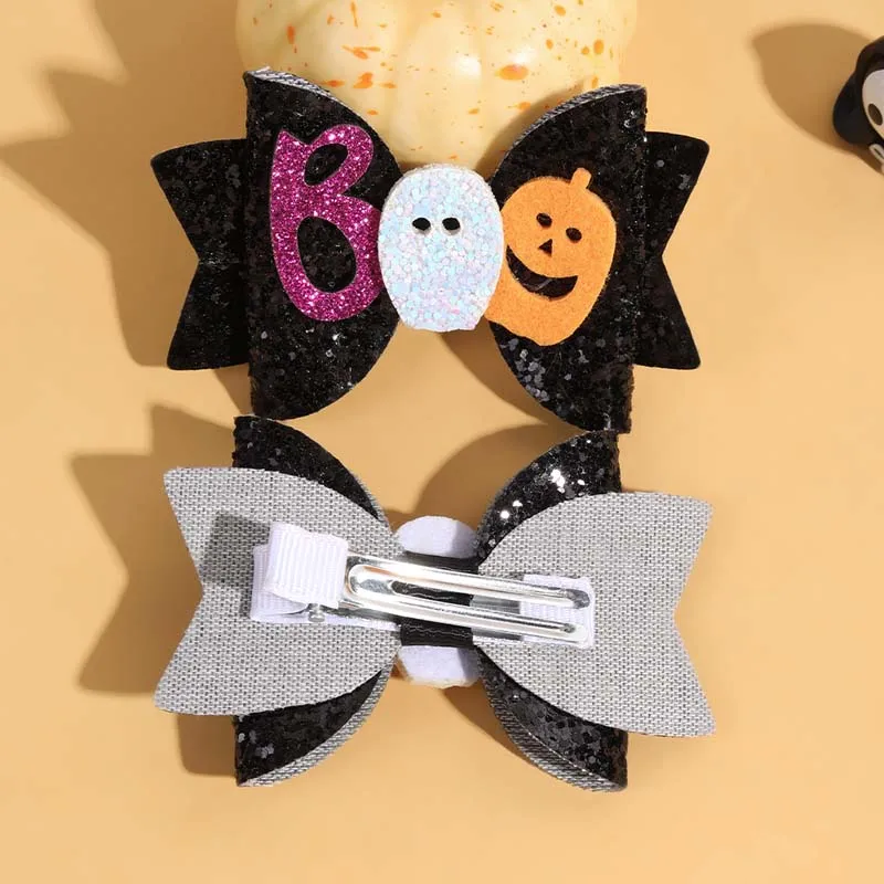 Ncmama 2Pcs Halloween Glitter Hair Bow Hairpin per neonata Pumpkin Ghost Decor Bowknote Hairclip Kids Headwear accessori per capelli