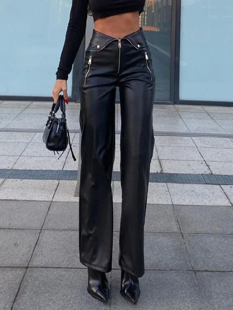 Sexy Pants Leather Trourser Zip Up High Waist Straight Leg Pants Women Slim Bottoms 2024 Y2K  Autumn Spring Chic Black Pant