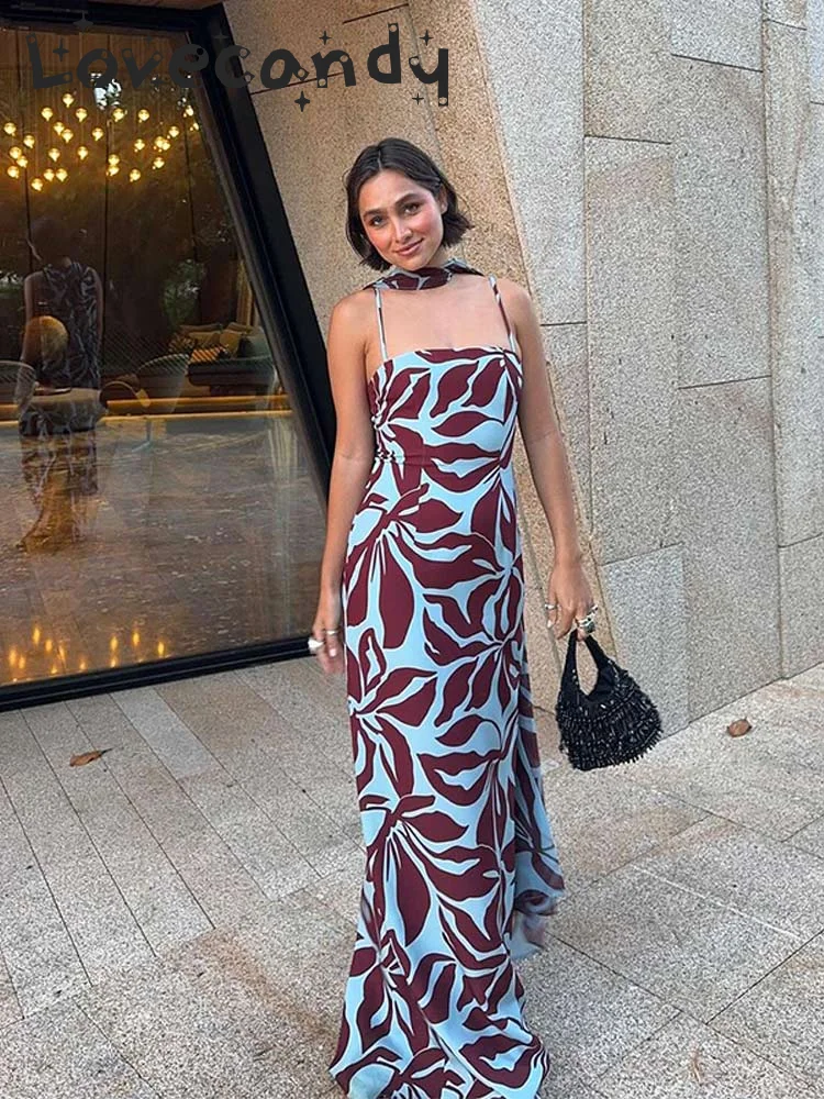 

Elegant Contrast Printed Off Shoulder Sling Maxi Dress Chic Backless High Waist Slim Dresses New Lady Street Vacation Vestidos