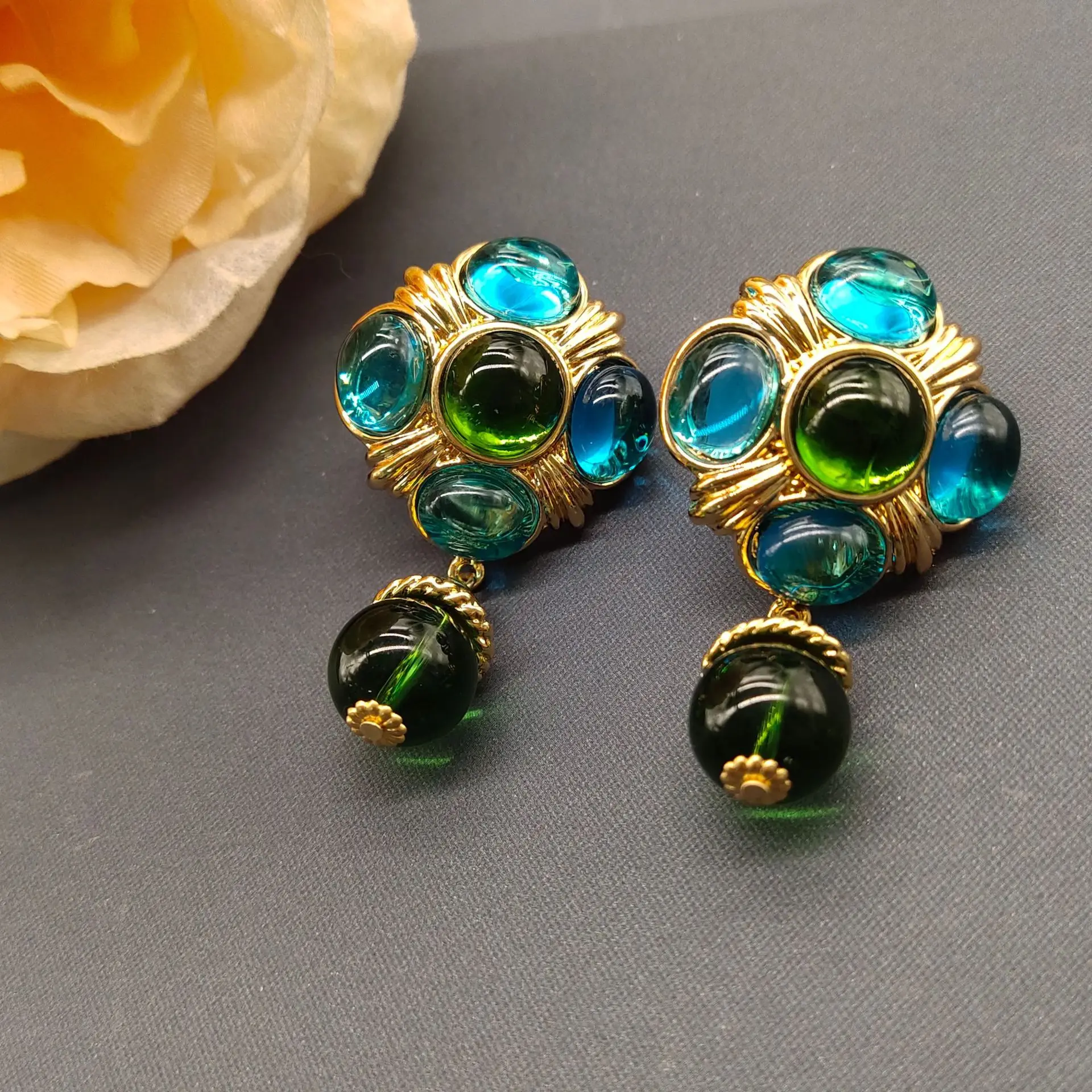 

Vintage Deep Blue Green Stone Rhinestoned Drop Earrings For Women Jewelry Runway Party T Show Fancy Trendy Boho INS Japan Korea