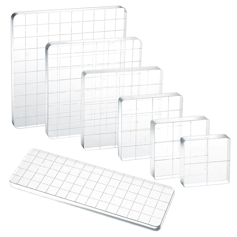 7 Pieces Acrylic Stamp Blocks Clear Stamp Block Tool Set Various Sizes With Grid Lines For Scrapbook Crafts Cards