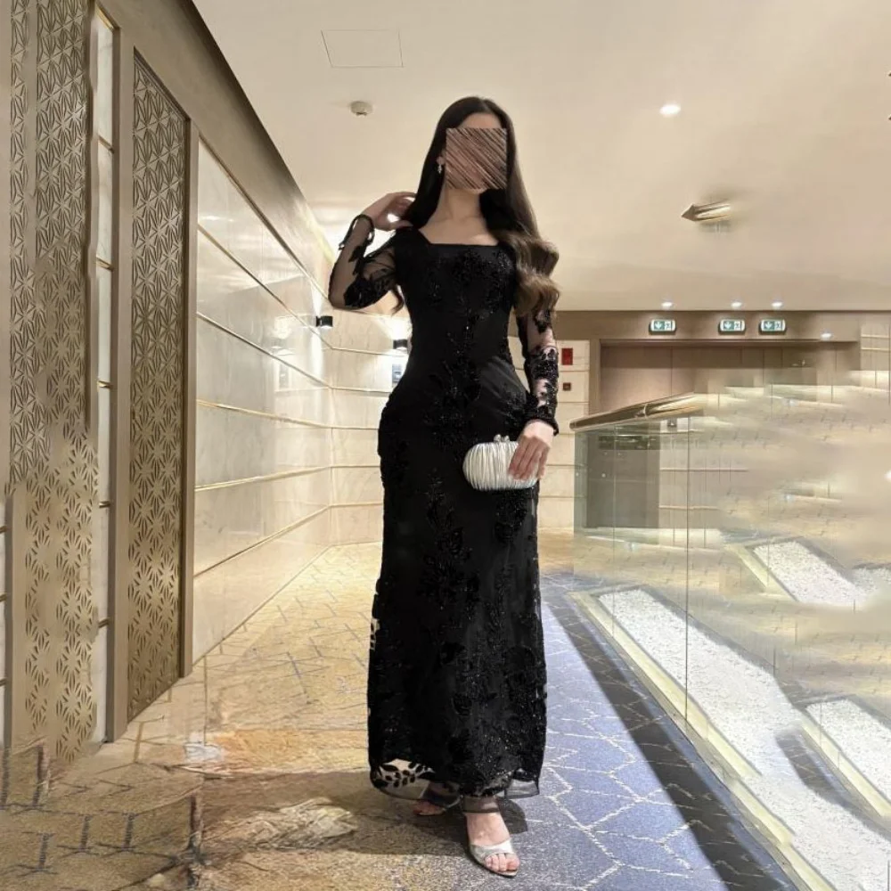 Abito da sera increspato a maniche lunghe squisito personalizzato Abito da ballo con volant sexy Elegante abito da festa con applicazioni in pizzo a sirena فسات