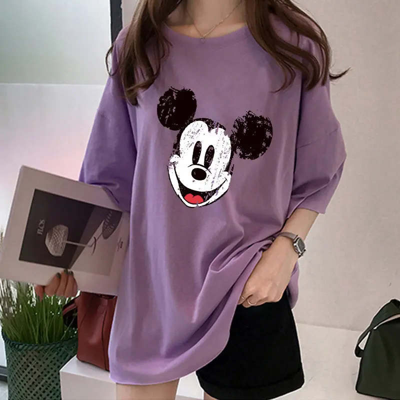 T-shirt Women\'s Plus Size Cartoon Mickey Mouse Print Short-Sleeved Summer Loose Solid Color T-Shirt Student Mid-Length Thin Top