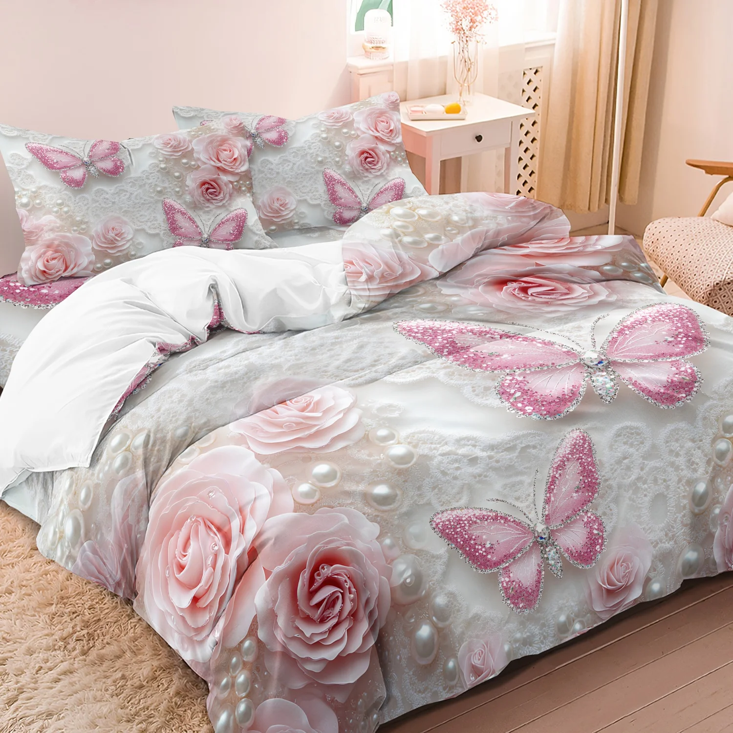 3pcs Set Valentine'S Day Romantic Pink Rose Pearl Butterfly High-Definition Printed Duvet Cover Luxurious And Romantic Bedding