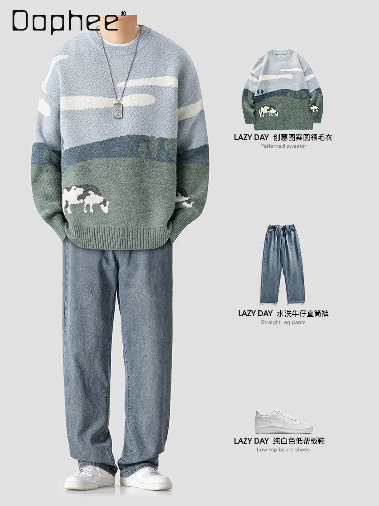 

Autumn Winter Japanese Retro Creative Embroidery Pattern Round Neck Green Sweater Loose Casual Daily Men's Orange Sweater