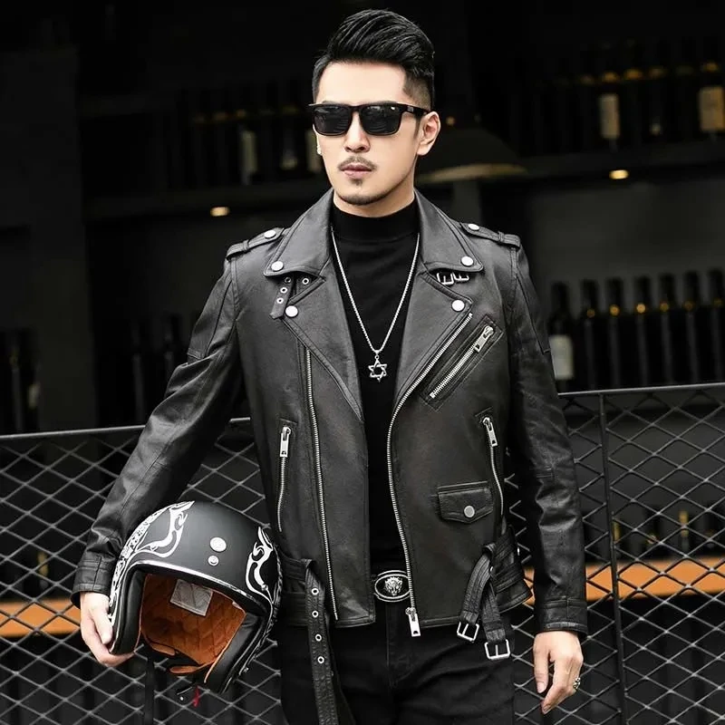 New cycling leather jacket motorcycle leather jacket men's short coat sheep leather slim handsome Harley trend