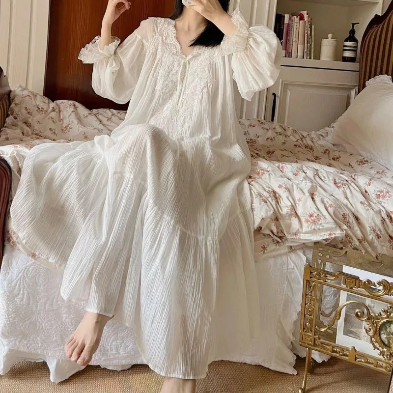 

Винтажный хлопковый женский длинный халат с вышивкой, роскошные кружевные пижамы, элегантное свободное вечернее платье, изысканное весенне-осеннее платье